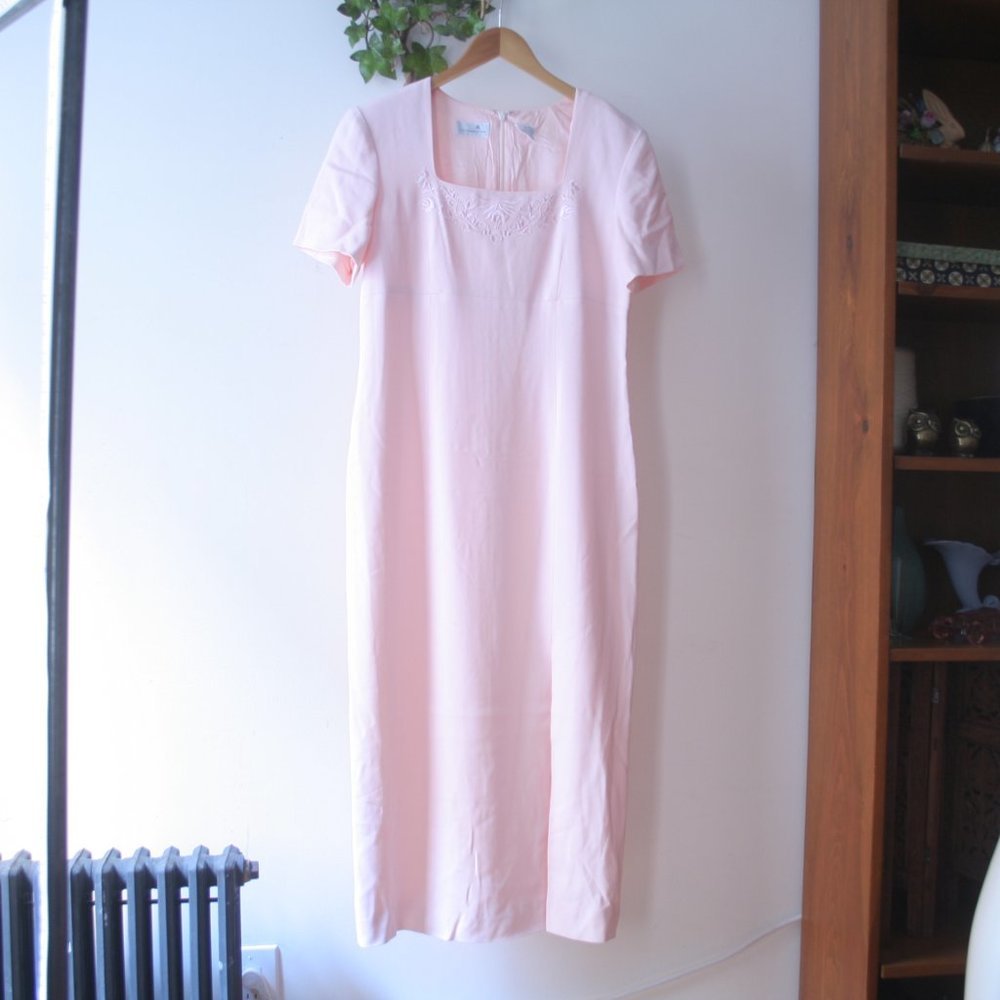 liz claiborne long peach pink dress vintage 80s/90s slit Side short sleeves - 12
